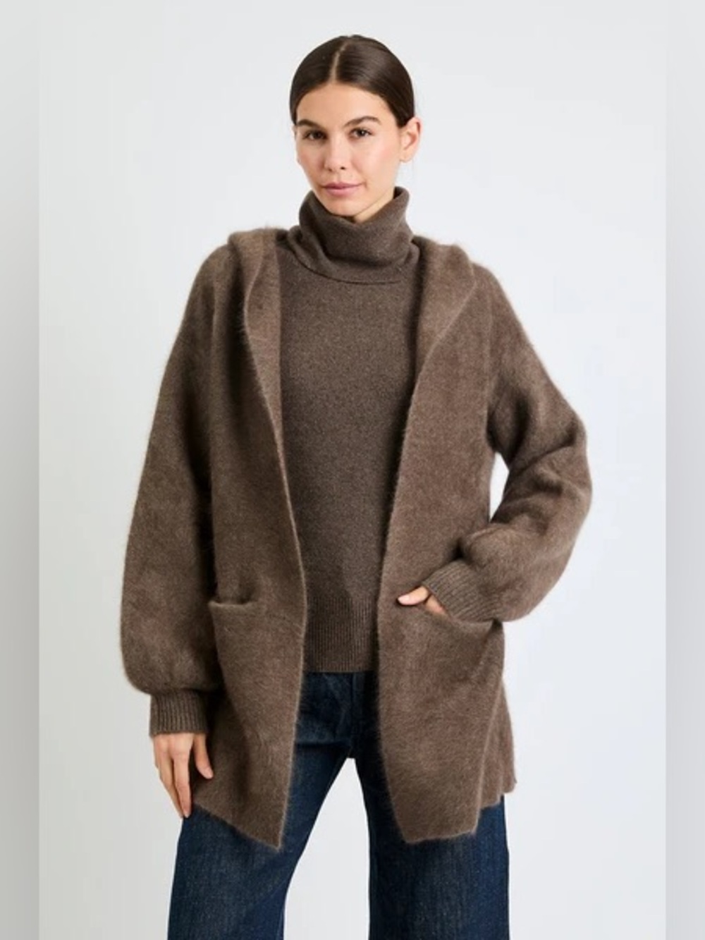 + Beryll Brown ‘Vivi’ Stretch Cashmere Hooded Open Sweater Coat in “Mocha”